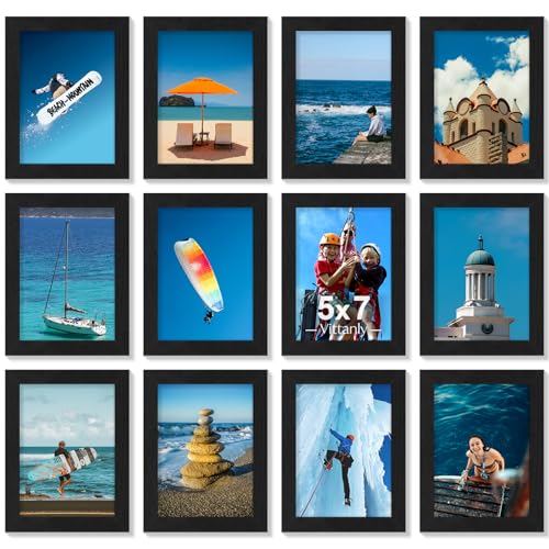 Vittanly 5x7 Picture Frames Set of 12, Display 4x6 Pictures with Mat or 5x7 without Mat, Engineered Wood with Shatter Resi...