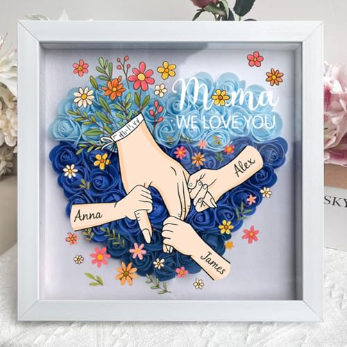 Personalized Mom Flower Shadow Box with Hands & Kids Names, - Customized Rose Frame Gift for Mom Grandma, Unique Mother's ...