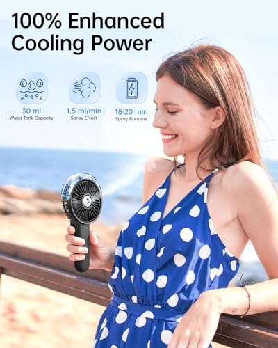 SWEETFULL Portable Misting Fan - 180° Foldable Handheld Personal Fan with Mist Spray, 3 Speeds, 30ml Water Tank, USB Recha...