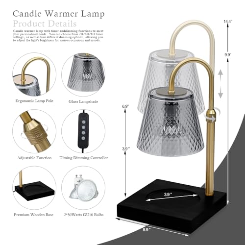 promihills Candle Warmer Lamp with Timer (2H/4H/8H), Adjustable Height Dimmable Wax Melting Lamp for Jar Candles, Electric...