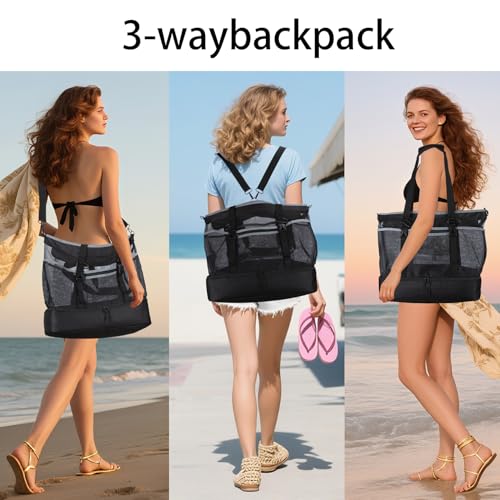 Unamujer Mesh Beach Bag with Cooler Large Travel Family Vacation Essentials Pool Swimming Zipper Pocket Durable 9 Pockets