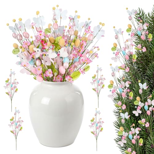 Maysing 12 Pcs Artificial Easter Bunny Picks Stems Spring Berry Floral Tree Branches with Easter Egg Twig Branches Butterf...
