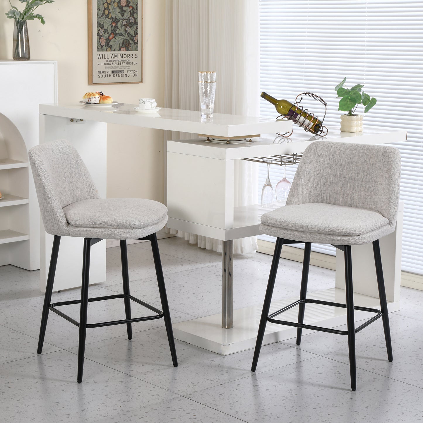 Counter Height Swivel Bar Stools Set Of 2, 360 Swivel Upholstered Barstools With Back And Metal Legs, 25.6 Seat Height,Counter Stools For Kitchen Island And Pub,Linen Cloth,Off White Linen.