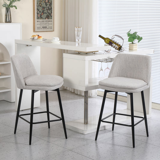 Counter Height Swivel Bar Stools Set Of 2, 360 Swivel Upholstered Barstools With Back And Metal Legs, 25.6 Seat Height,Counter Stools For Kitchen Island And Pub,Linen Cloth,Off White Linen.