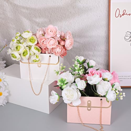 4 Pcs Flower Paper Gift Box Bouquet Storage Bucket, Flower Boxes Wedding Florist Handbag with Metal Chain, Floral Craft Wr...