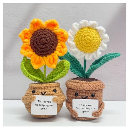 HivFov 2PCS Handmade Crochet Sunflower with Daisy,Knitted Flowers,Crochet Flower Gifts, Thank You for Gift,Gift for Mother...
