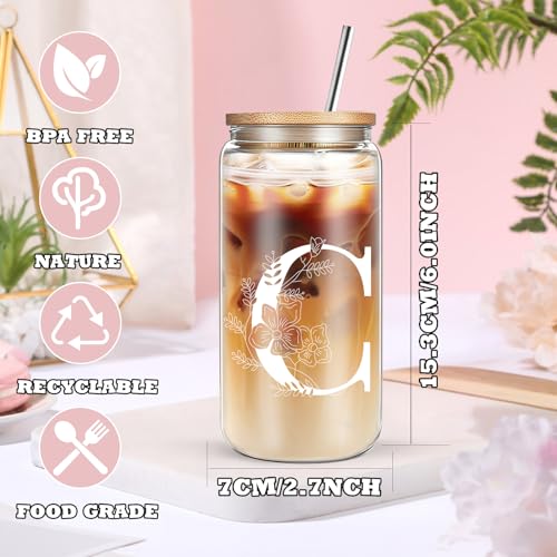 Unique Initial Glass Cup with Lids and Straws, Monogrammed Gifts Box Included Makeup Bag, Valentines Day Mothers Day Birth...