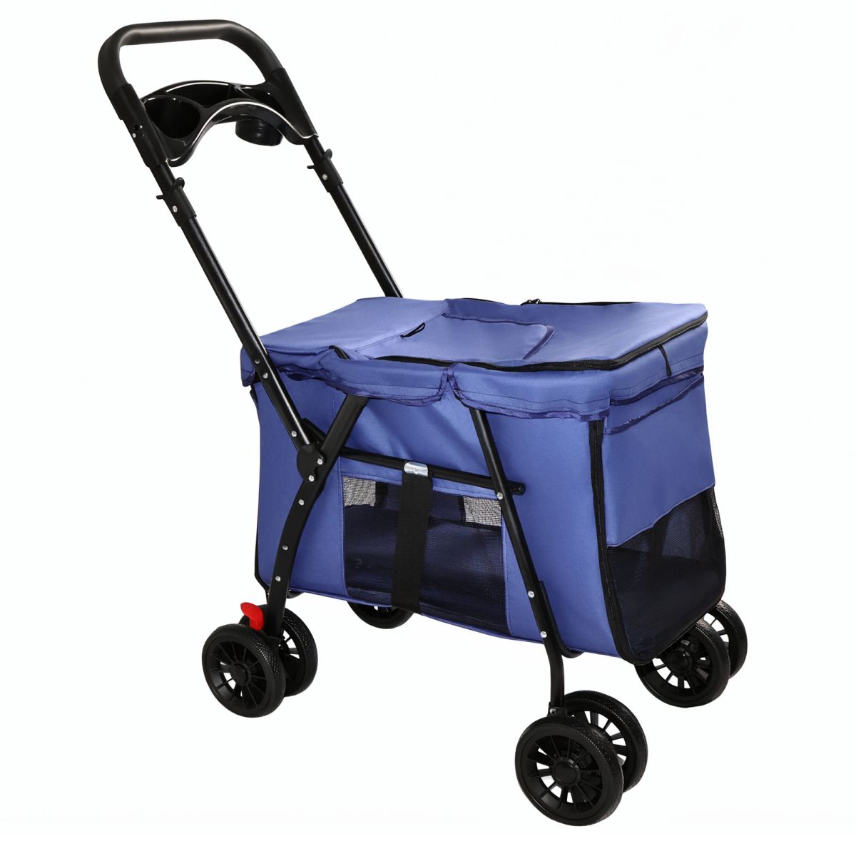 Pet Stroller, Foldable 4-Wheel Design, Breathable Mesh Dog Cat Stroller with Shockproof Wheels, Brake System, Storage Tray, 2 Fixed Safety Leashes, Large Space for Small Medium Pets, Navy Blue