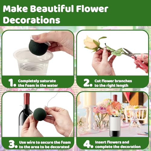 12 Pcs Mini Floral Foam Holder,Round Floral Foam with Green Floral Wire and Ribbon,Green Floral Foam Floral Arrangement Su...