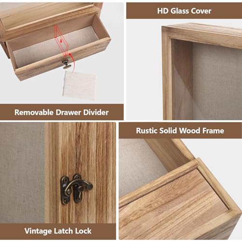 Butizone Shadow Box Frame, 3.2" Deep Shadow Box Display Case with Real Glass and Drawer, Rustic Wood Memory Box for Pictur...