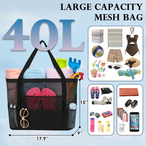 Fammart Mesh Beach Bag for Women, Large Beach Toy Pool Bag with Zipper Pocket, SandProof Cruise Essentials 2026 Family Travel