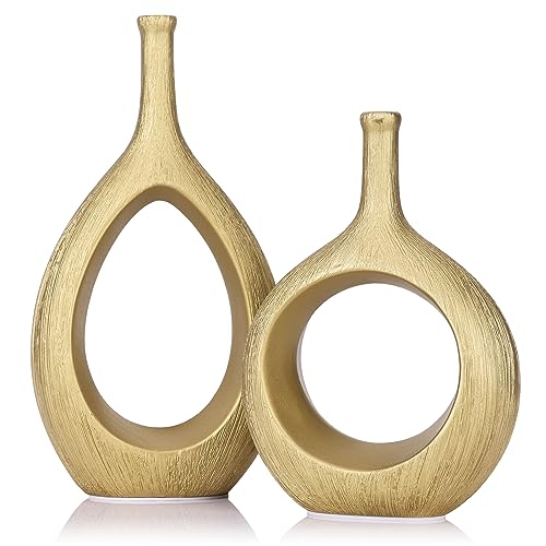 LCCCK Matte Gold Ceramic Vase Set of 2 - Ribbed Hollow Aesthetic Decorative Vase, Modern Farmhouse Table Centerpiece, Boho...
