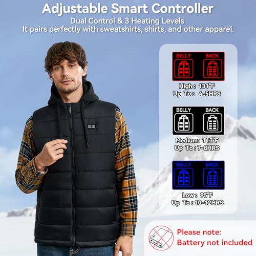 CHANGEOWN Men Heated Vest with 14 Heating Zones Dual Control Electric Heating Vest with Detachable Hood, Battery Not Included