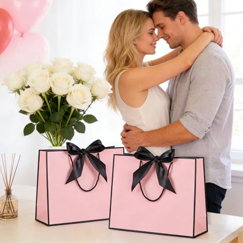 Ohuimrt 2 Pack Pink Gift Bags with Handles, 12.6 x 9.8 x 4.3 Inches Paper Bags, Gift Wrap with Tissue Paper Ribbons Cards ...