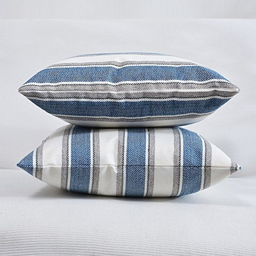 NATUS WEAVER Navy Pure White Stripe Pillow Cases Soft Linen Square Decorative Throw Cushion Cover Pillowcase with Hidden Z...