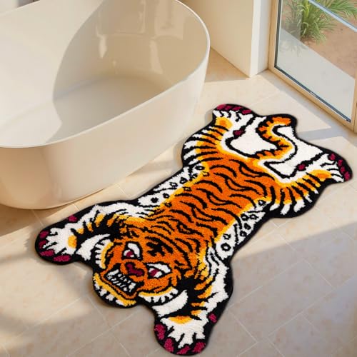 Naoloture Orange Tibetan Tiger Bath Mat Bathroom Rug Non Slip, Ultra Soft Plush Tufted Cute Bathroom Mat Cool Animal Funky...