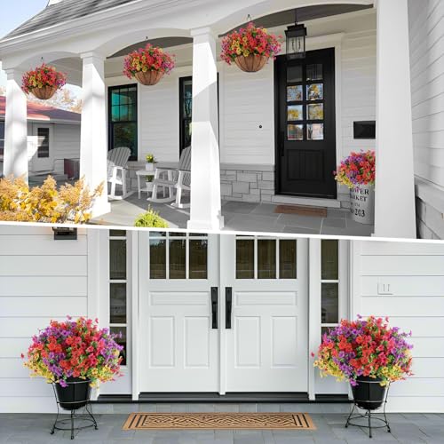 Hananona 2 Set Artificial Outdoor Flowers with Hanging Basket, 2 Hanging Planters with 24 Pcs Flowers for Spring Summer Fr...