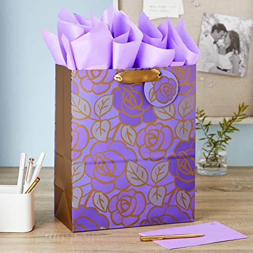 Hallmark 13" Large Gift Bag with Tissue Paper (Purple Flowers, Gold Accents) for Birthdays, Mother's Day, Bridal Showers, ...
