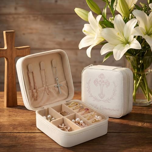 2PCS First Communion Gifts Travel Jewelry Box, 3.94x3.94x1.97 in White PU Leather Case, Religious Cross Flower Jewelry Cas...