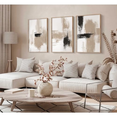 Joocrise Beige Abstract Wall Art Painting Set of 3 Neutral Canvas Wall Art Prints Black Beige Modern Wall Decor Minimalist...