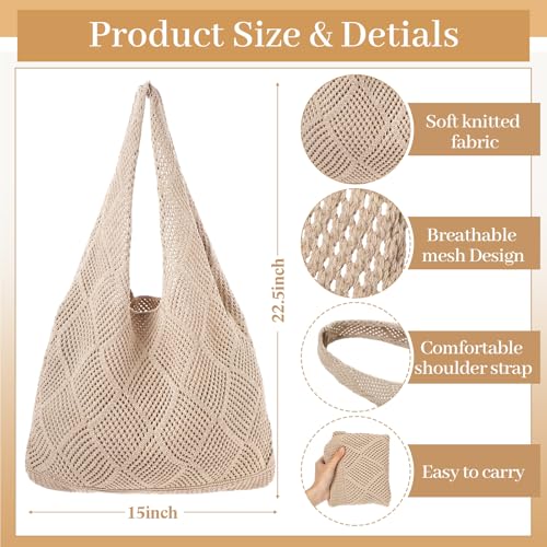 Aliceset 2 Pack Crochet Mesh Beach Tote Bag with Letter Patch Pocket Summer Beach Tote Bohemian Straw Transparent Bag