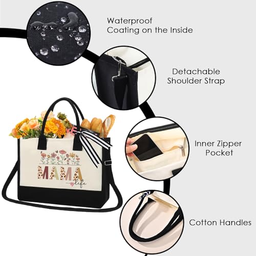 VeloKomo Mama Canvas Tote Bag - 2pcs Appreciation Gifts for Mom Women Floral Totes with Portable Makeup Bags Gift Set for ...