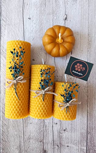 Beeswax Candle Gift Set – 4 Natural Candles with Blue Dried Flowers & Pumpkin Box – Handmade Decorative Candles for Holida...