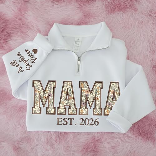 Personalized Floral Embroidered Applique Grandma Quarter Zip Sweatshirt for Women, Custom Grandma Gifts from Grandkids