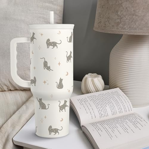 Gift for Cat Lovers Cat Mom – 40oz Stainless Steel Tumbler with Handle and Straw - Travel Coffee Mug for Women, Gift for B...