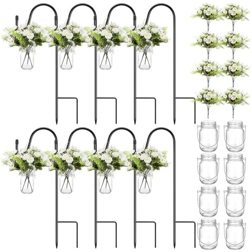 Thiccywoov 8 Sets Wedding Aisle Decoration Include 16 oz Rose Daisy Hanging Mason Jar 32 Shepherds Hooks Rustic Mason Jar ...
