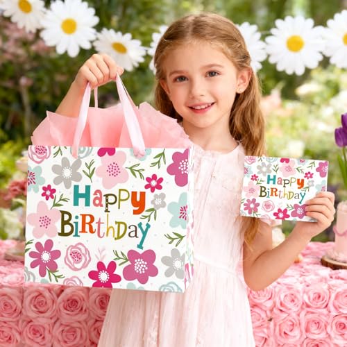 ASYEHJNR 13" Large Size Happy Birthday Gift Bag Pink Gray Teal Floral Flower with Colorful Happy Birthday Sign Boho Gift B...