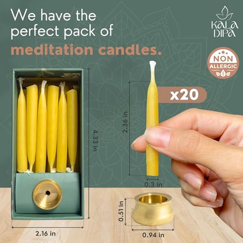 20 Minute Beeswax Meditation Candles – Set of 20 Mini Taper Candles with Brass Candle Holders, Dripless & Smokeless – Ritu...