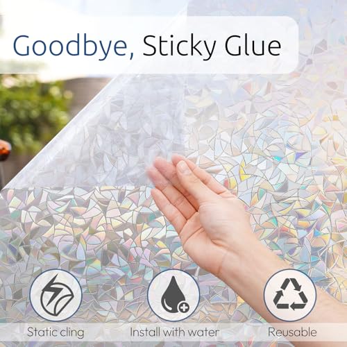 rabbitgoo Window Privacy Film Rainbow Film Decorative Window Sticker, 3D Static Stained Glass Cling Tint for Home Heat Con...