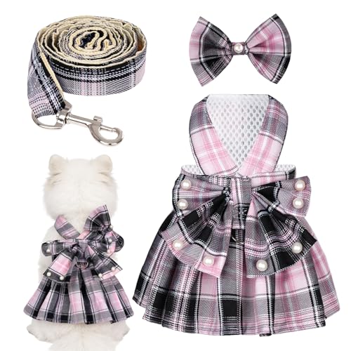 YKYUASD Dog Plaid Dress Harness and Leash Set with Pearls Bow Adjustable Puppy Dress Mesh Vest Bow Knot Pet Clothes for Cu...