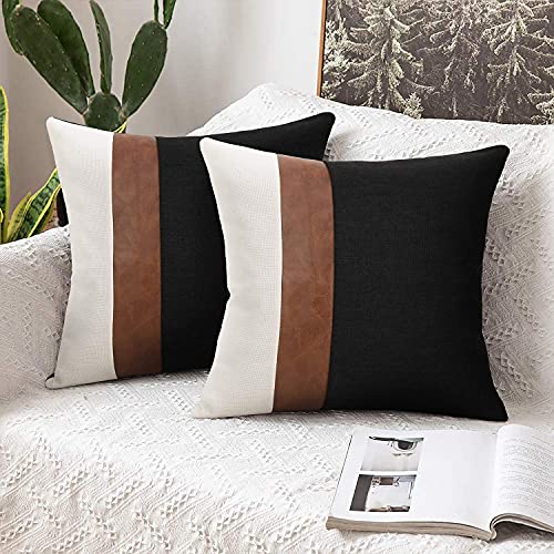 cygnus Set of 2 Faux Leather and Linen Throw Pillow Covers 22x22 Inch Black and White Modern Decorative Accent Cushion Cov...