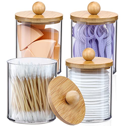 4 Pack Qtip Holder Dispenser with Bamboo Lids - 10 oz Clear Plastic Apothecary Jar Containers for Vanity Makeup Organizer ...