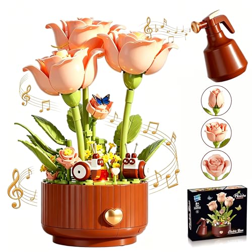 Magical Blooming Rose Building Set - Electric Flower Blocks with Opening Petals,with Interactive Sound & LED Lights,Romant...