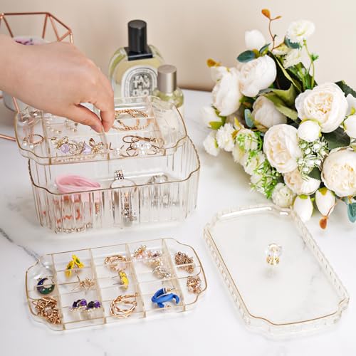 NiHome Transparent 3-Layer Jewelry Organizer Box with Elegant Gold Handle, Efficient Storage Versatile for Earrings, Ring...