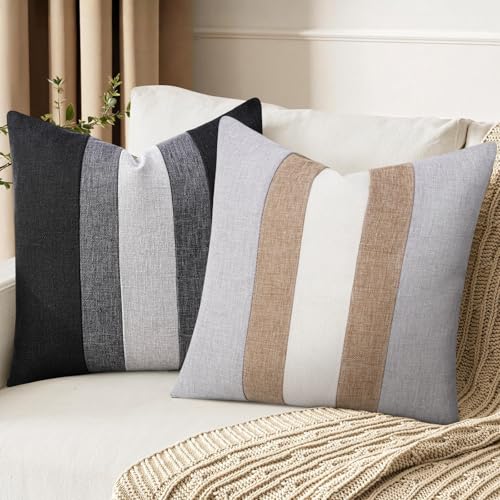 Adabana Modern Pillow Covers 18x18 Set of 2 Farmhouse Decor Patchwork Linen Cushion Covers for Couch Living Room Bed Black...