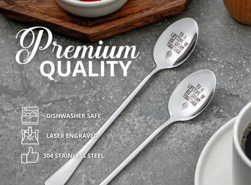 INNObeta Engraved Ice Cream Spoons, Gifts for Couple, 2 Pcs Stainless Steel Coffee Spoon, To a Lifetime of Ice Cream Together