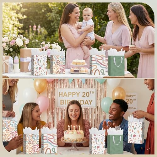 woric 10.6" Sage Green Flowers Gift Bags with Tissue Paper, 4 Medium Gift Bag with Greeting Cards for Mother's Day Birthda...