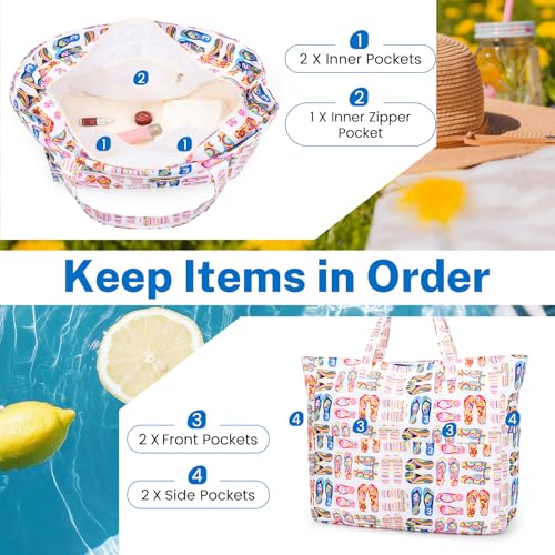 Iioscre Beach Bag for Women, Causal Hobo Pool Bags with Zipper Inner Pocket, Foldable Swim Tote Bag for Vacation Essentials