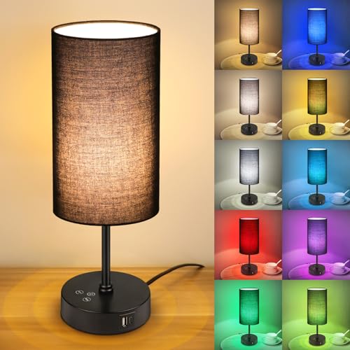 Unicozin Table Lamp for Bedroom, 3 Color Temperatures, 7 RGB Colors, Adjustable Brightness, Dual USB Charging Ports, Ambie...