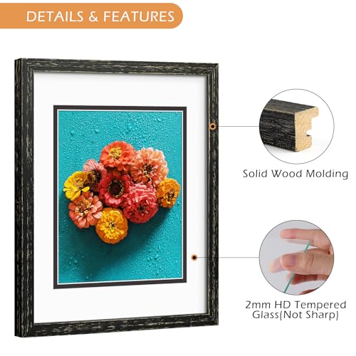 Golden State Art, 11x14 Distressed Black Wood Frame with White over Black Double Mat - Displays 8x10 Photos - Real Glass, ...