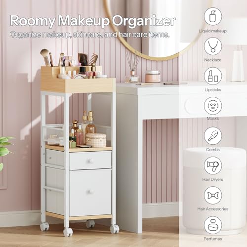HOOBRO Makeup Organizer Cart, Floor Makeup Storage with Fabric Drawers, Mobile Vanity Organizer, Cosmetics Display Cases, ...