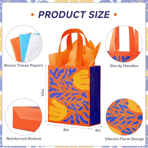 10" Floral Reusable Gift Bags Medium Size with Tissue Paper, 6 Pack Non-Woven Wrap Paper Gift Bags with Handles for Birthd...