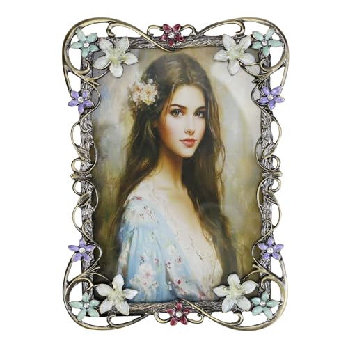 Essovee Vintage Photo Frame 4x6, Metal photo frame with European Floral Ornate Enamel Flower & Bronze Metal Design with HD...