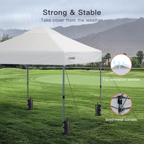 Amada 10x10 Pop Up Canopy Tent, 1-Button Push Easy-up Outdoor Canopy Beach Tent with 3-Height Adjustable Waterproof Shade ...