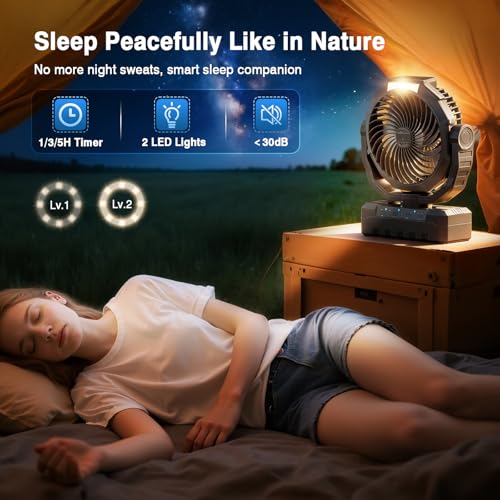 AVAVO 02 Dark Black - Rechargeable Camping Fan - Portable Battery Powered Fan with Timer & Hook, Ventilador Recargable for...