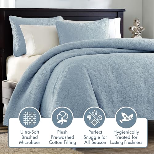 Madison Park Quebec Quilt Set - Luxurious Damask Stitching Design, Cotton Filled Lightweight Coverlet Bedspread Bedding, S...